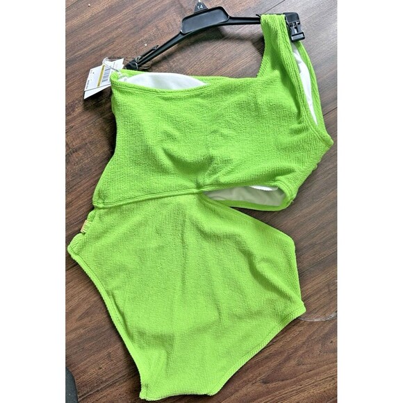 MICHAEL Michael Kors Women's Ribbed One-Shoulder Side-Cutout Swimsuit Green 6 - Picture 6 of 9